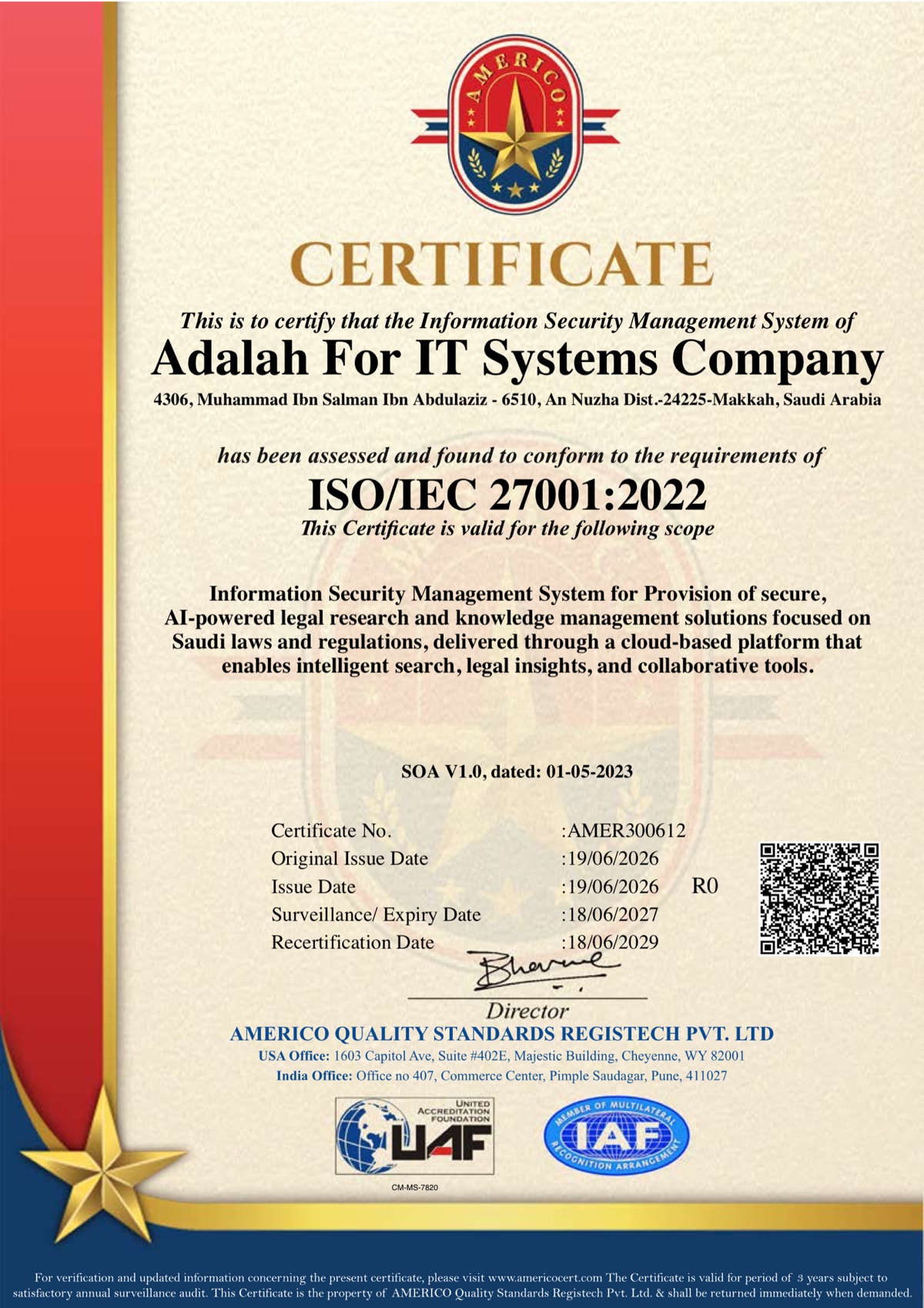 ISO/IEC 27001:2022 information security management certificate issued to Adalah for IT Systems LLC